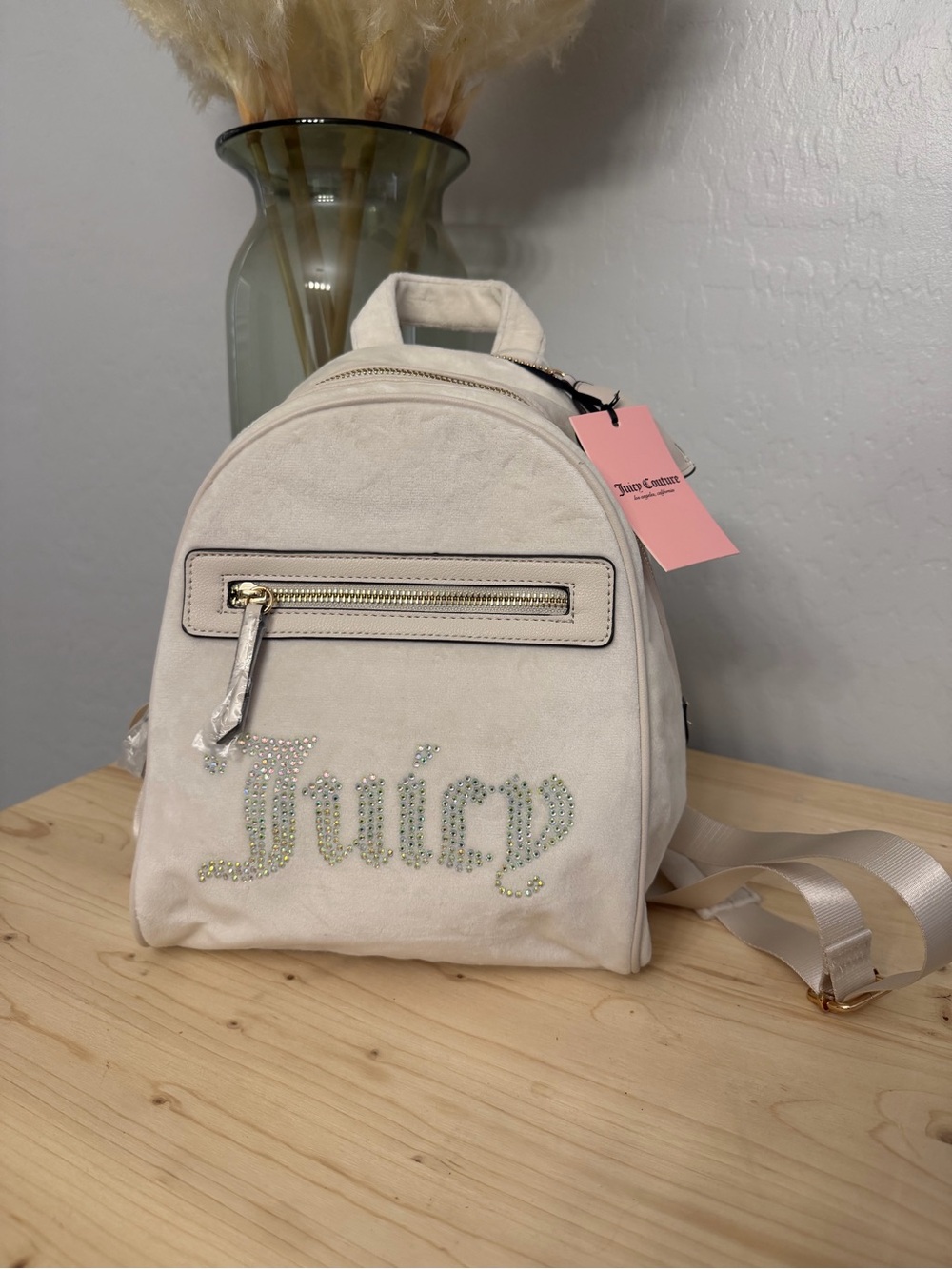 Juicy Couture Cream Rhinestone Logo Mini Backpack with Zip Pocket